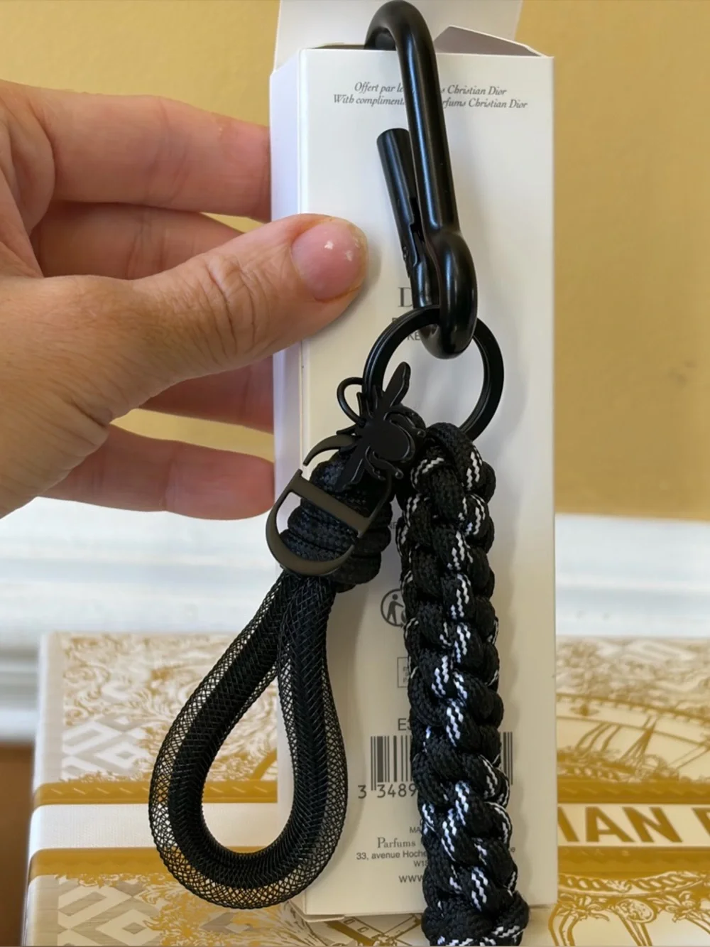 Dior KEY Ring keychain Black and White Braided Keychain 2x Charms CD & Bee